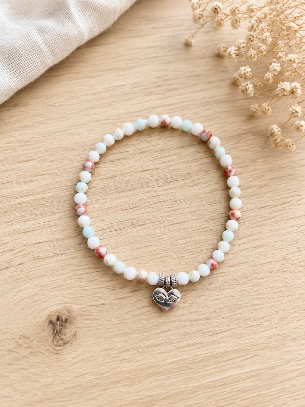Beaded Bracelet with Angel Wing Heart Charm | Forever In My Heart | Remembrance